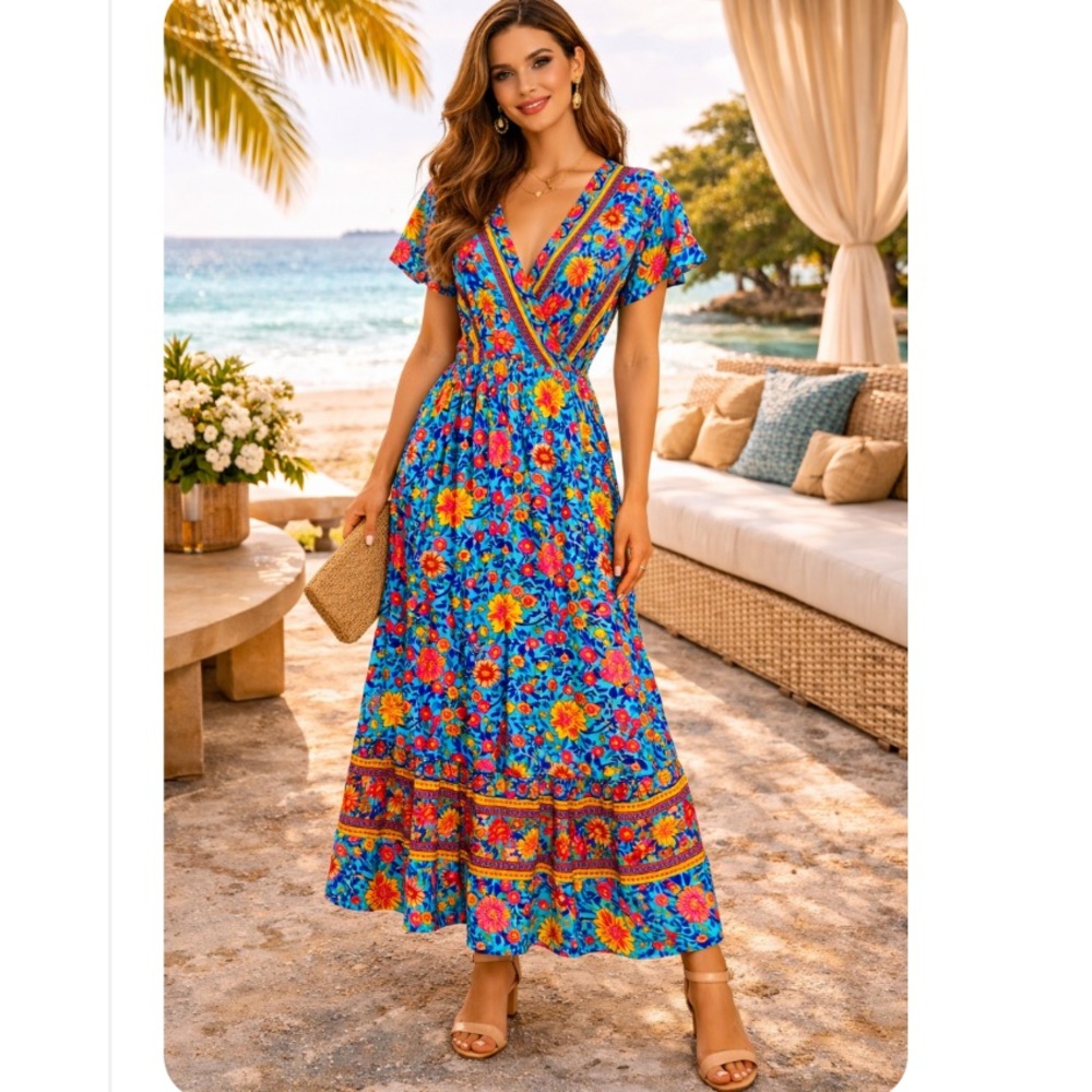 R.Vivimos Boho Floral Maxi Dress Size L NWT Beach Vacation Resort Dress Summer